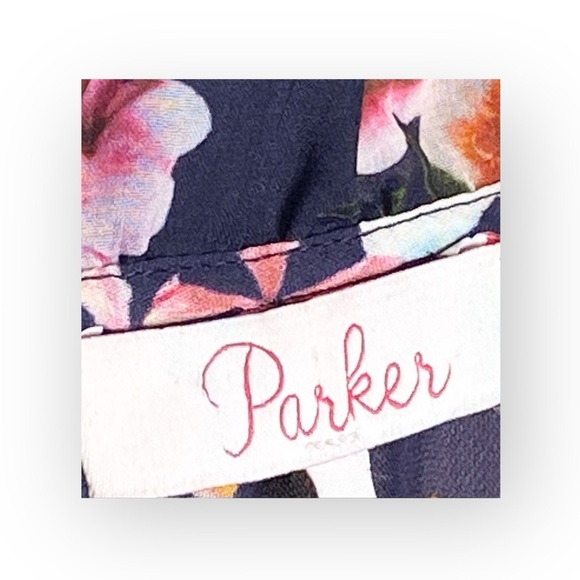 Parker 𑁍 Floral Silk A-Line V Neck Dress 𑁍 Scalloped Ruffles 𑁍 Navy 𑁍 XS 𑁍 - Picture 13 of 16